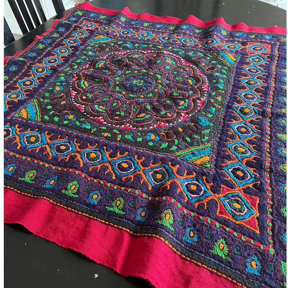 Hand Embroidered Wool Pateh Mandala Tapestry Table Topper Folk Art Jewel Tones